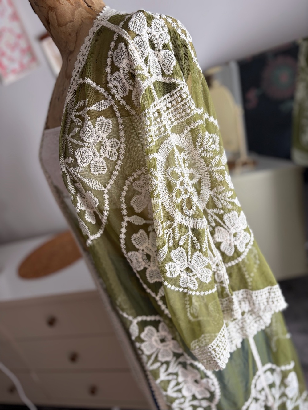 Olive Green Lace-Trim Kimono Duster- Unbranded - Picture 5 of 7